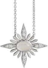 Platinum Oval Natural Rainbow Moonstone & Natural Diamond Star Necklace or Pendant