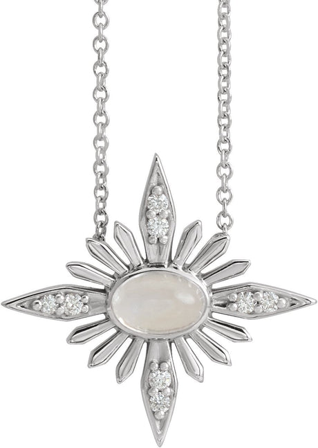 Platinum Oval Natural Rainbow Moonstone & Natural Diamond Star Necklace or Pendant