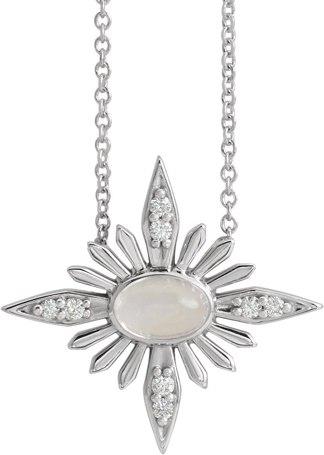 Platinum Oval Natural Rainbow Moonstone & Natural Diamond Star Necklace or Pendant