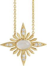 14K Gold Oval Natural Rainbow Moonstone & Natural Diamond Star Necklace or Pendant - Yellow Gold