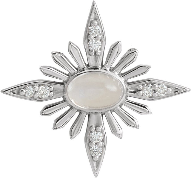 14K Gold Oval Natural Rainbow Moonstone & Natural Diamond Star Necklace or Pendant - White Gold