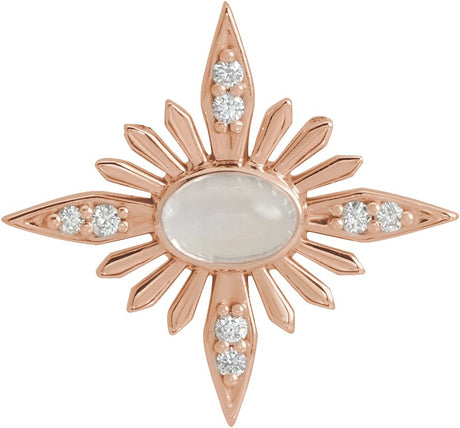 14K Gold Oval Natural Rainbow Moonstone & Natural Diamond Star Necklace or Pendant - Rose Gold