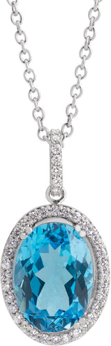 14K Gold Oval Natural Blue Topaz & Natural Diamond Halo-Style Necklace