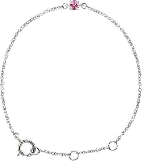 14K Gold Round Pink Tourmaline Youth Birthstone Bracelet - White Gold