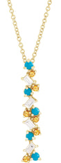 14K Gold Natural Honey Passion Topaz & Natural Turquoise & Natural Diamond Scattered Bar Pendant - Yellow Gold