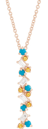 14K Gold Natural Honey Passion Topaz & Natural Turquoise & Natural Diamond Scattered Bar Pendant - Rose Gold