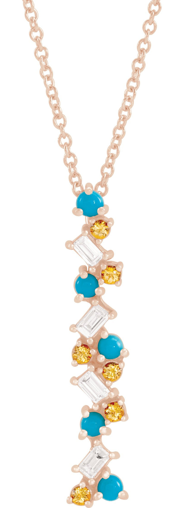 14K Gold Natural Honey Passion Topaz & Natural Turquoise & Natural Diamond Scattered Bar Pendant - Rose Gold