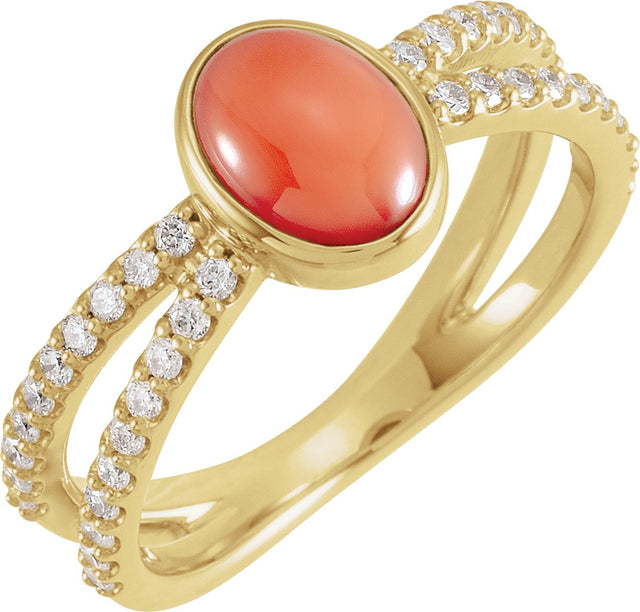 14K Gold Oval Natural Pink Coral & Natural Diamond Accented Cabochon Ring - Yellow Gold