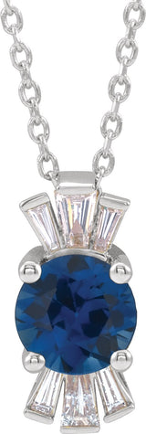 14K Gold Round Lab-Grown Blue Sapphire & Natural Diamond Accented Necklace or Pendant – 1/6 CTW - White Gold
