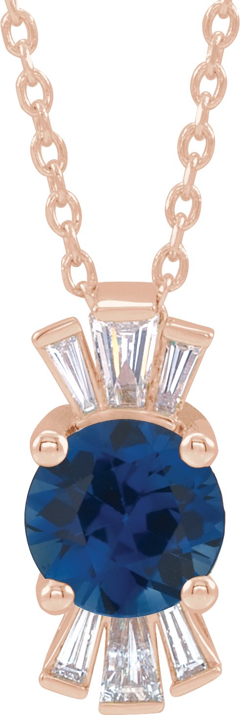 14K Gold Round Lab-Grown Blue Sapphire & Natural Diamond Accented Necklace or Pendant – 1/6 CTW - Rose Gold