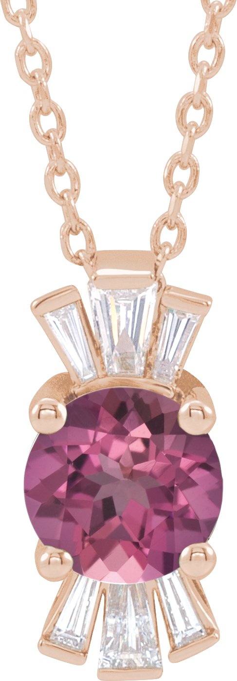 14K Gold Round Natural Pink Tourmaline & Natural Diamond Accented Necklace or Pendant – 1/6 CTW - Rose Gold