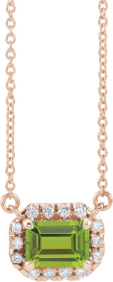 14K Gold Emerald Natural Peridot & Natural Diamond French-Set Halo-Style Necklace - Rose Gold