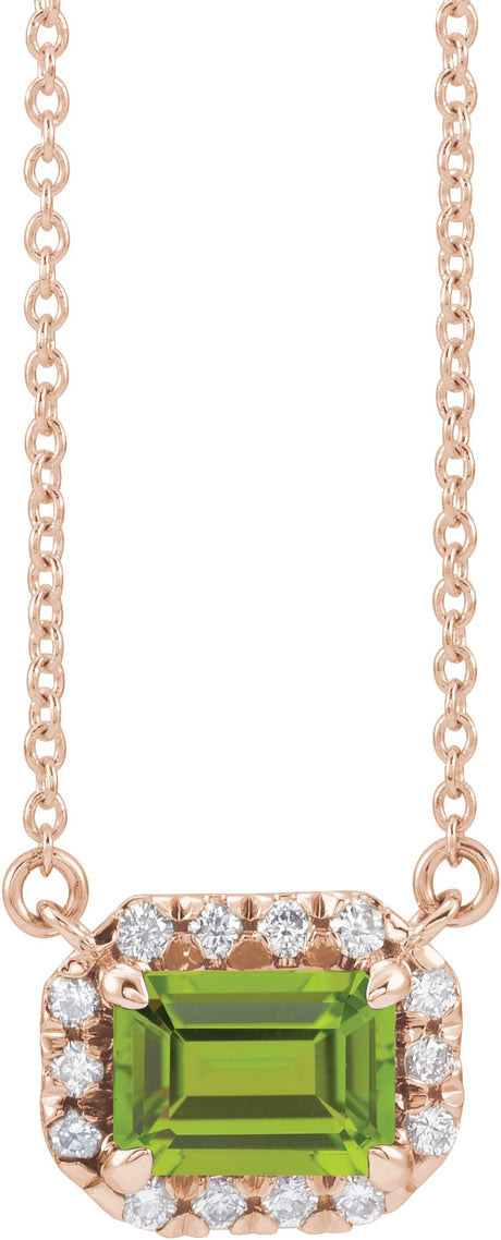 14K Gold Emerald Natural Peridot & Natural Diamond French-Set Halo-Style Necklace - Rose Gold