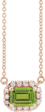 14K Gold Emerald Natural Peridot & Natural Diamond French-Set Halo-Style Necklace - Rose Gold