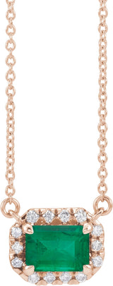 14K Gold Emerald Lab-Grown Alexandrite & Natural Diamond French-Set Halo-Style Necklace - Rose Gold