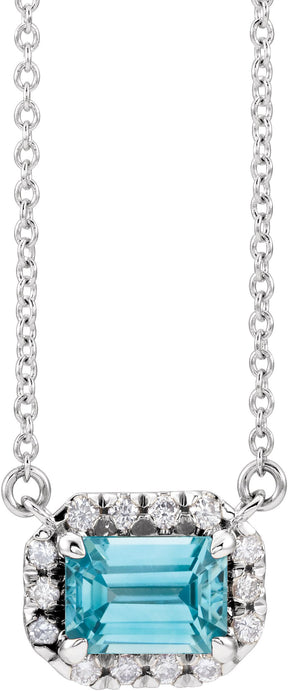Platinum Emerald Natural Blue Zircon & Natural Diamond French-Set Halo-Style Necklace
