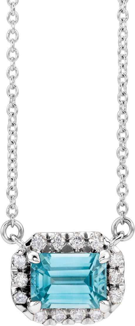 Platinum Emerald Natural Blue Zircon & Natural Diamond French-Set Halo-Style Necklace