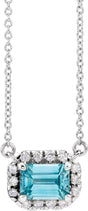 Platinum Emerald Natural Blue Zircon & Natural Diamond French-Set Halo-Style Necklace