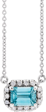 14K Gold Emerald Natural Blue Zircon & Natural Diamond French-Set Halo-Style Necklace - White Gold