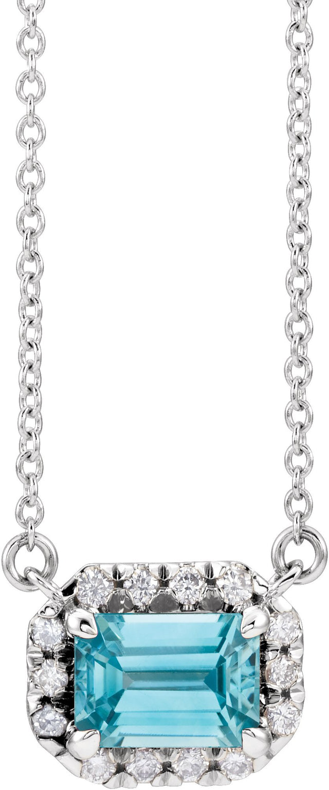14K Gold Emerald Natural Blue Zircon & Natural Diamond French-Set Halo-Style Necklace - White Gold