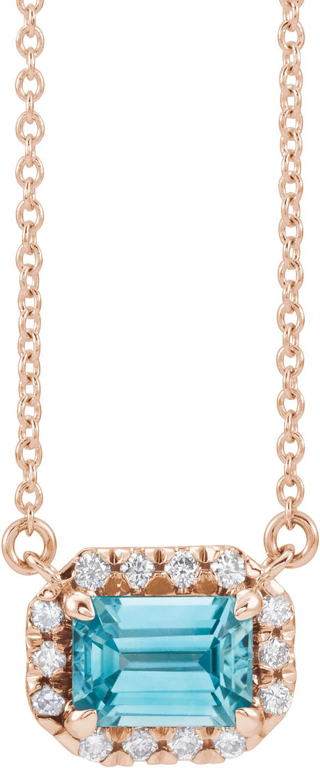 14K Gold Emerald Natural Blue Zircon & Natural Diamond French-Set Halo-Style Necklace - Rose Gold