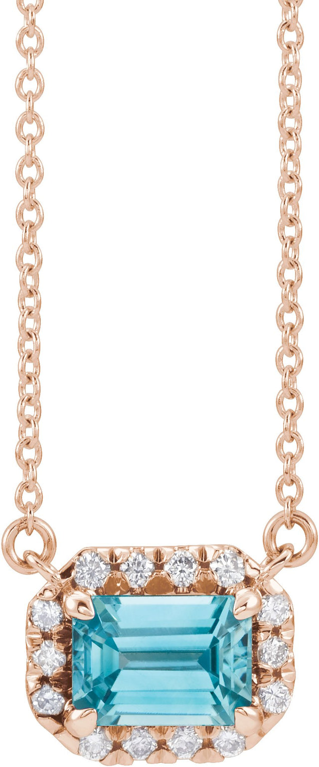 14K Gold Emerald Natural Blue Zircon & Natural Diamond French-Set Halo-Style Necklace - Rose Gold