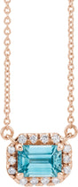 14K Gold Emerald Natural Blue Zircon & Natural Diamond French-Set Halo-Style Necklace - Rose Gold