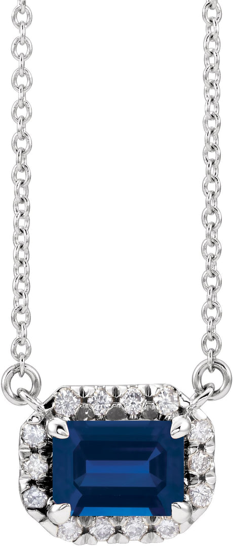 Platinum Emerald Lab-Grown Blue Sapphire & Natural Diamond French-Set Halo-Style Necklace