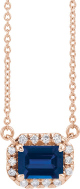 14K Gold Emerald Lab-Grown Blue Sapphire & Natural Diamond French-Set Halo-Style Necklace - Rose Gold