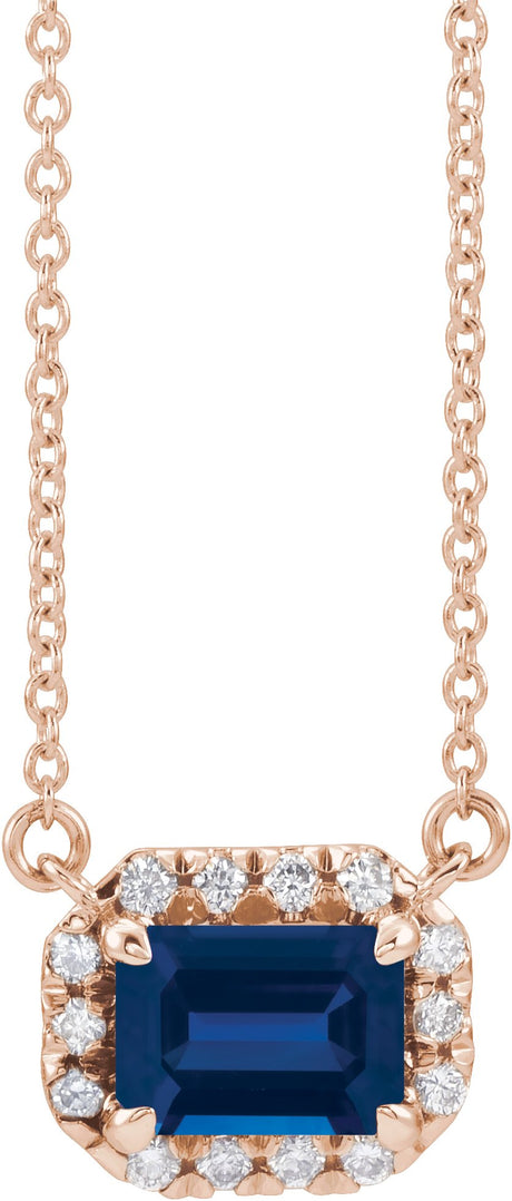 14K Gold Emerald Lab-Grown Blue Sapphire & Natural Diamond French-Set Halo-Style Necklace - Rose Gold