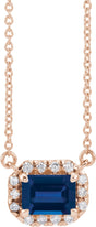 14K Gold Emerald Lab-Grown Blue Sapphire & Natural Diamond French-Set Halo-Style Necklace - Rose Gold