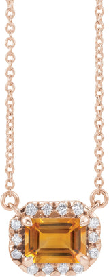 14K Gold Emerald Natural Citrine & Natural Diamond French-Set Halo-Style Necklace - Rose Gold