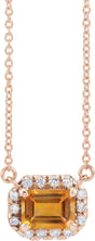 14K Gold Emerald Natural Citrine & Natural Diamond French-Set Halo-Style Necklace - Rose Gold