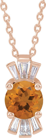 14K Gold Round Natural Citrine & Natural Diamond Accented Necklace or Pendant – 1/6 CTW - Rose Gold