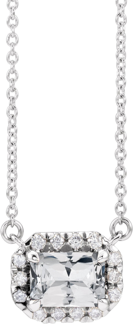 14K Gold Emerald Natural White Sapphire & Natural Diamond French-Set Halo-Style Necklace - White Gold