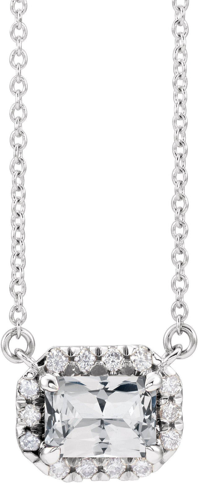 14K Gold Emerald Natural White Sapphire & Natural Diamond French-Set Halo-Style Necklace - White Gold