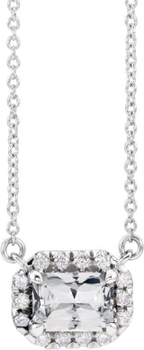 Platinum Emerald Natural White Sapphire & Natural Diamond French-Set Halo-Style Necklace