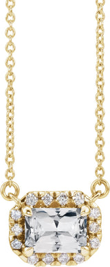 14K Gold Emerald Natural White Sapphire & Natural Diamond French-Set Halo-Style Necklace - Yellow Gold