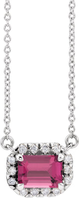 Platinum Emerald Natural Pink Tourmaline & Natural Diamond French-Set Halo-Style Necklace