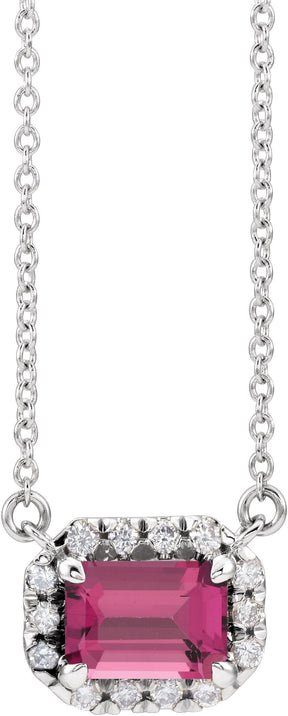 Platinum Emerald Natural Pink Tourmaline & Natural Diamond French-Set Halo-Style Necklace