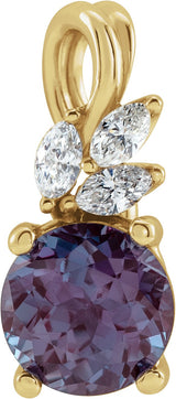 14K Gold Round Lab-Grown Alexandrite & Natural Diamond Accented Floral Necklace or Pendant - Yellow Gold