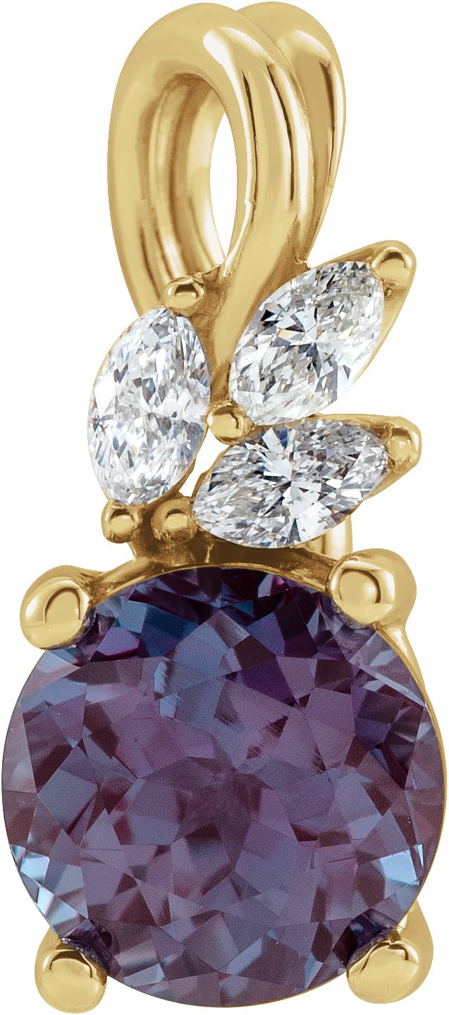 14K Gold Round Lab-Grown Alexandrite & Natural Diamond Accented Floral Necklace or Pendant - Yellow Gold