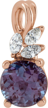 14K Gold Round Lab-Grown Alexandrite & Natural Diamond Accented Floral Necklace or Pendant - Rose Gold