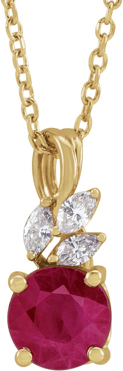 14K Gold Round Lab-Grown Ruby & Natural Diamond Accented Floral Necklace or Pendant - Yellow Gold