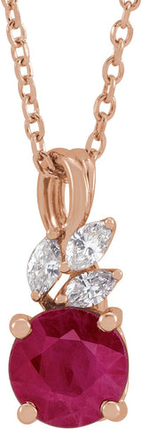 14K Gold Round Lab-Grown Ruby & Natural Diamond Accented Floral Necklace or Pendant - Rose Gold