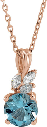 14K Gold Round Natural Aquamarine & Natural Diamond Accented Floral Necklace or Pendant - Rose Gold