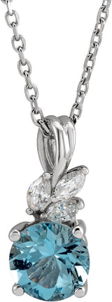 Platinum Round Natural Aquamarine & Natural Diamond Accented Floral Necklace or Pendant