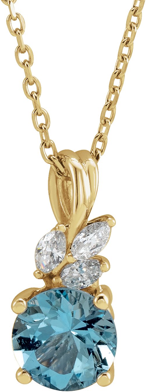 14K Gold Round Natural Aquamarine & Natural Diamond Accented Floral Necklace or Pendant - Yellow Gold