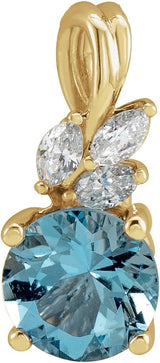 14K Gold Round Natural Aquamarine & Natural Diamond Accented Floral Necklace or Pendant - Yellow Gold