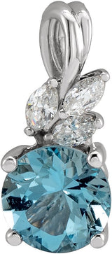 14K Gold Round Natural Aquamarine & Natural Diamond Accented Floral Necklace or Pendant - White Gold
